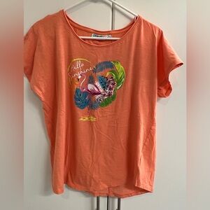 Kiwi Fresh Orange Graphic T-Shirt with Flamingo Design Sz L